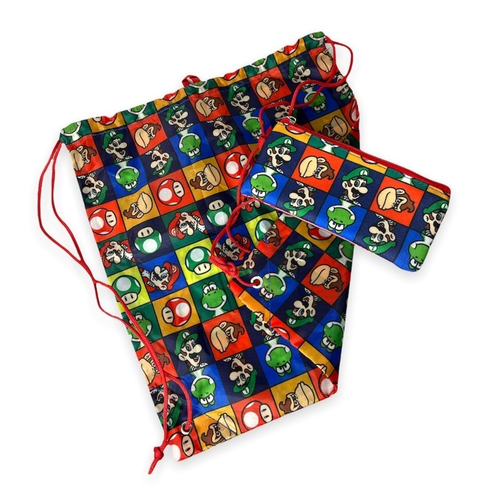 Super Mario Drawstring Cinch Backpack‎ Pencil Zip Pouch Gym Book Bag Nintendo